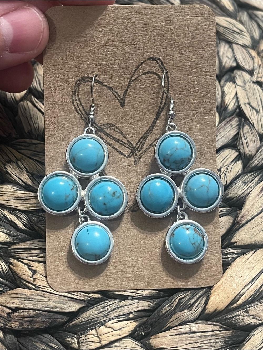 Turquoise Stone Cluster Drop Earrings - Silver Tone